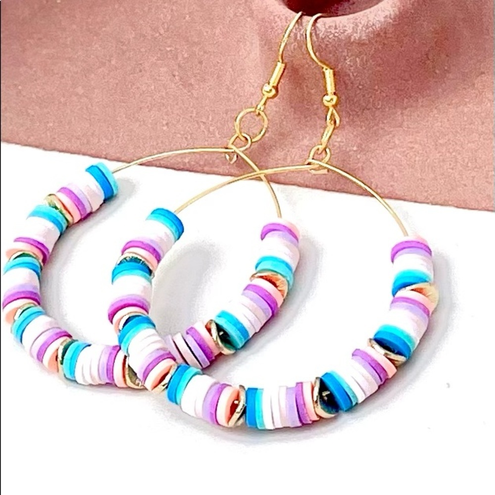 NWT Heishi Bead and Gold Wavy Disc Beads, Gold Hoop Earrings, Handmade​
